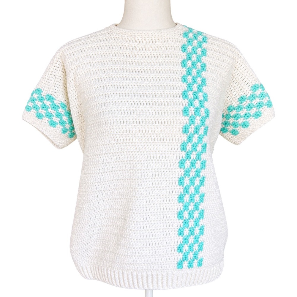Vintage Handmade Crochet Sweater Top Acrylic XL White Blue Cottagecore granny